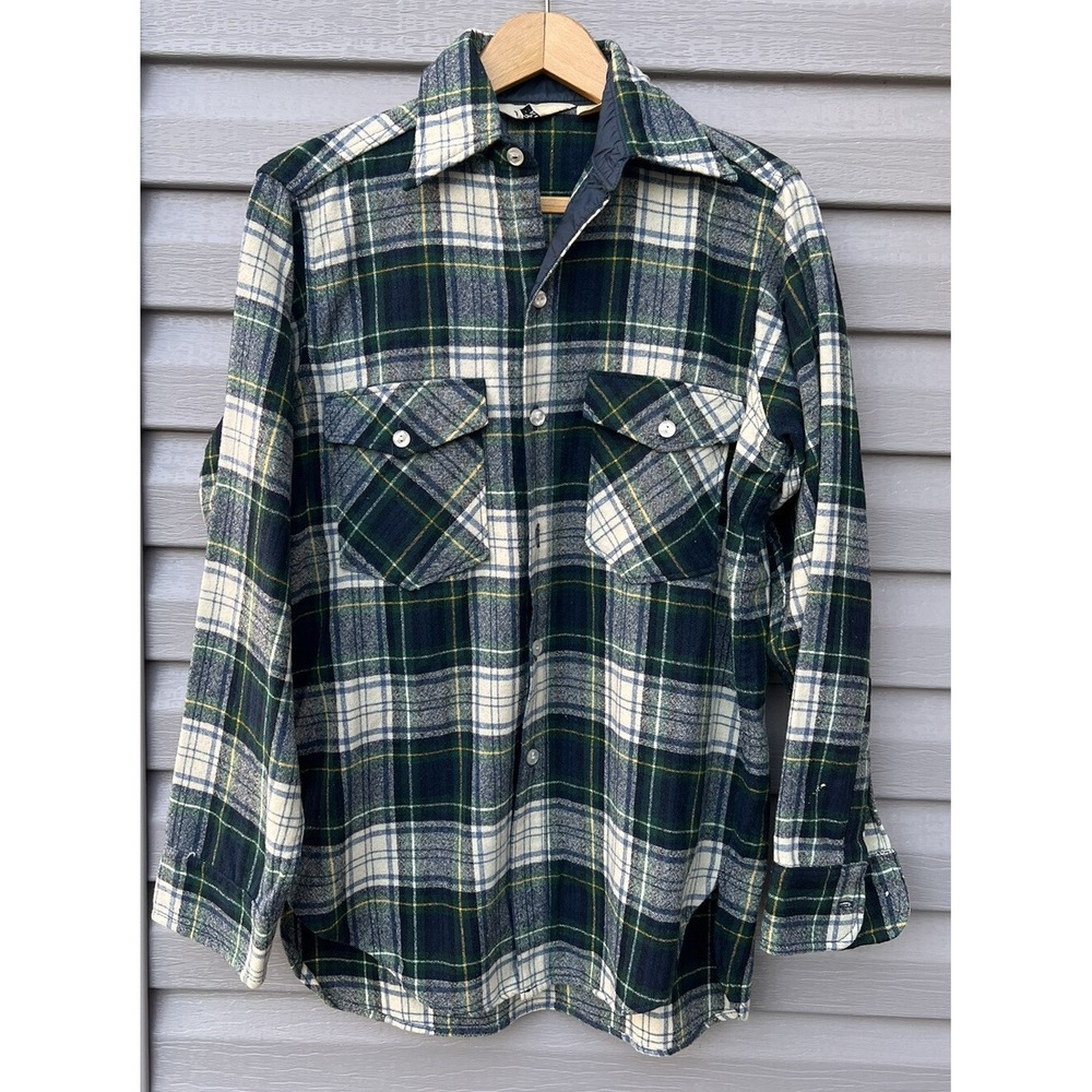 Woolrich Vintage 80s Flannel Green Blue Buffalo plaid Shirt Medium Wool USA